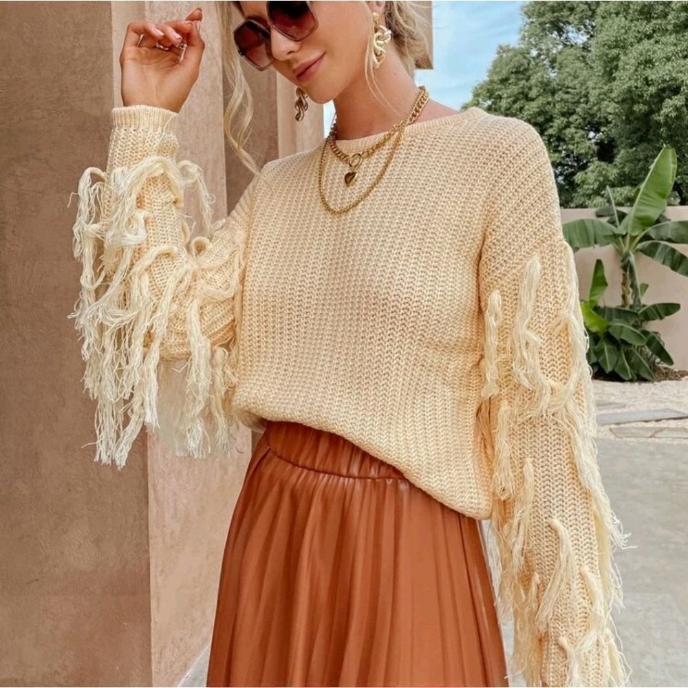 Simplee Fringe Drop Shoulder Sweater - Picture 5 of 7